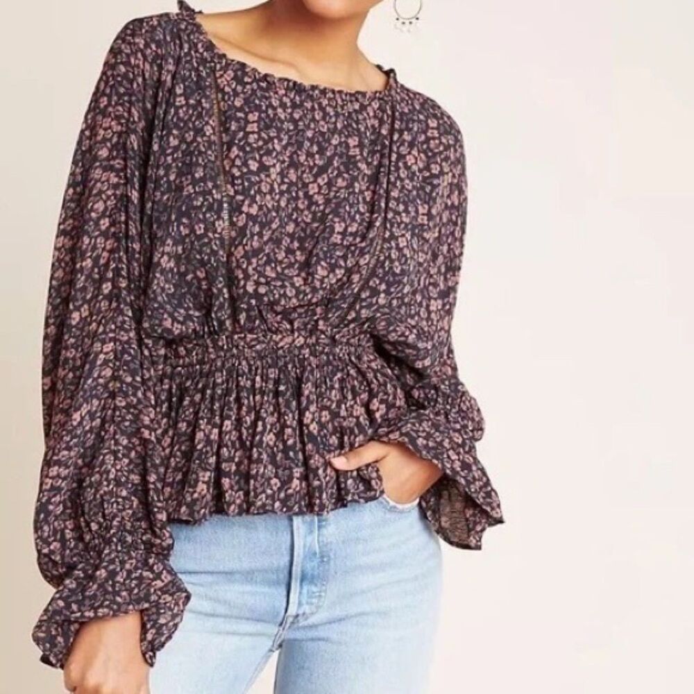 ANTHROPOLOGIE Nichola Black/Tan Peplum Blouse Balloon Sleeves Sz XS